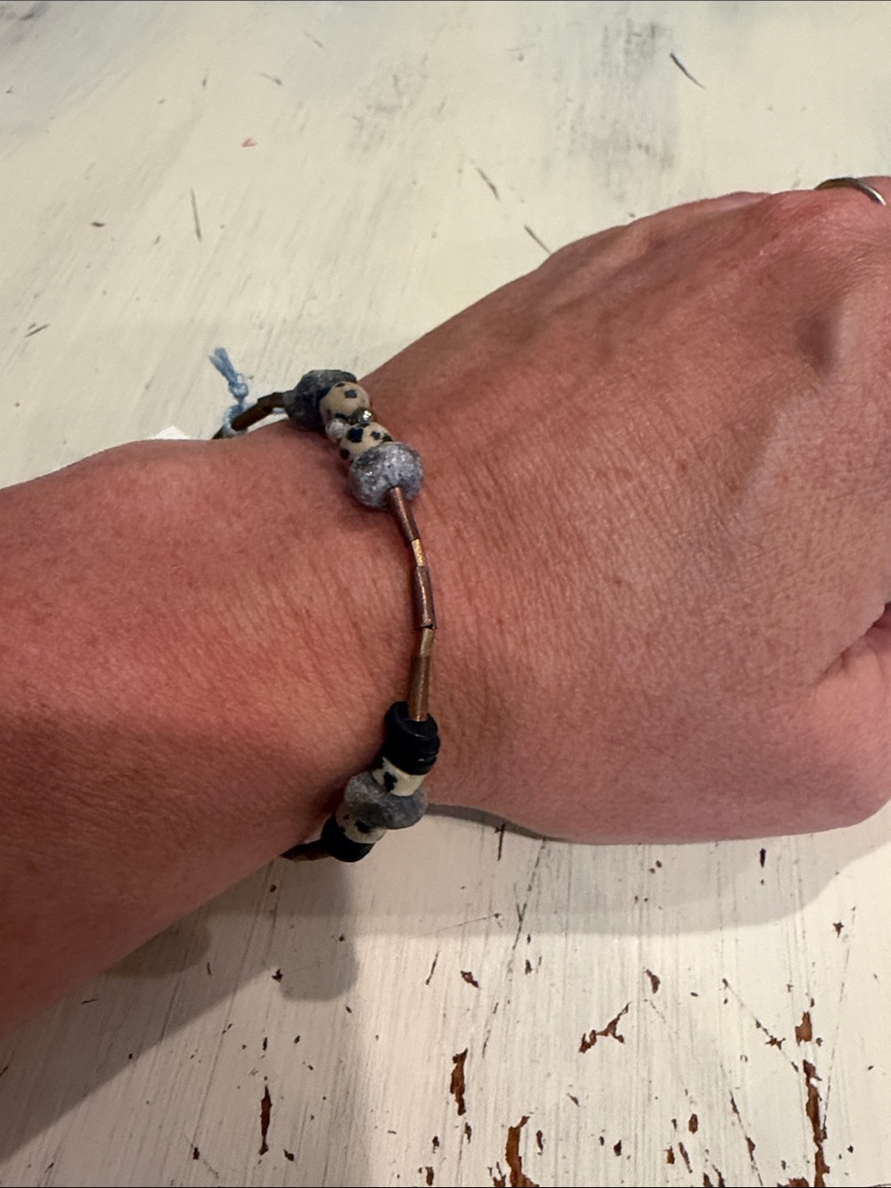 Brass, Copper and Sapphire Beaded wrap bangle Bracelet